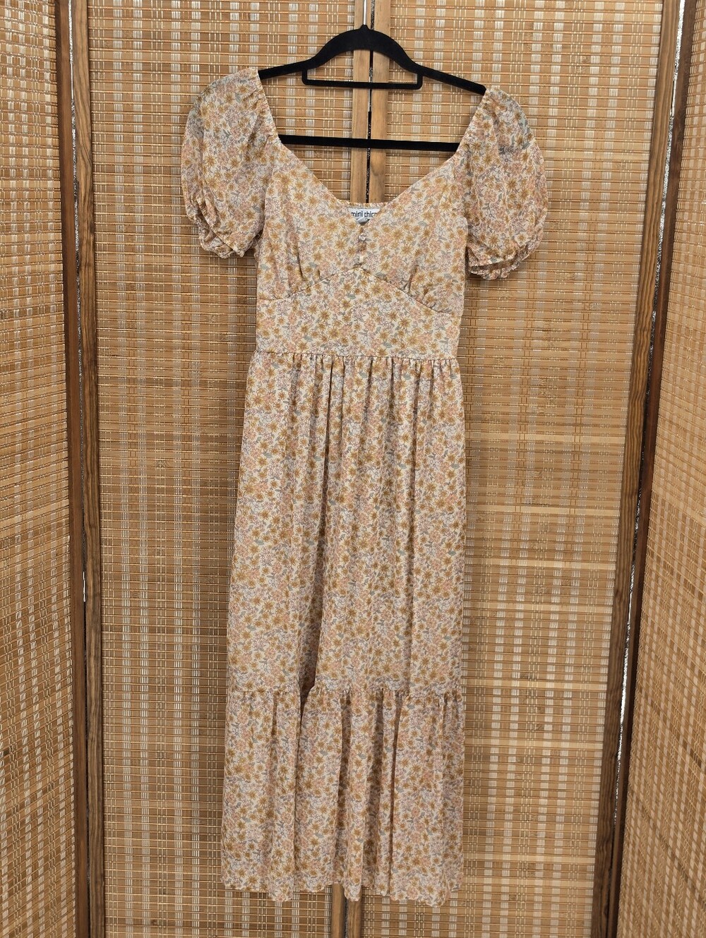 Mimi Chica Floral Puff-Sleeve Tiered Midi Dress in Yellow Blue Cream Size Small